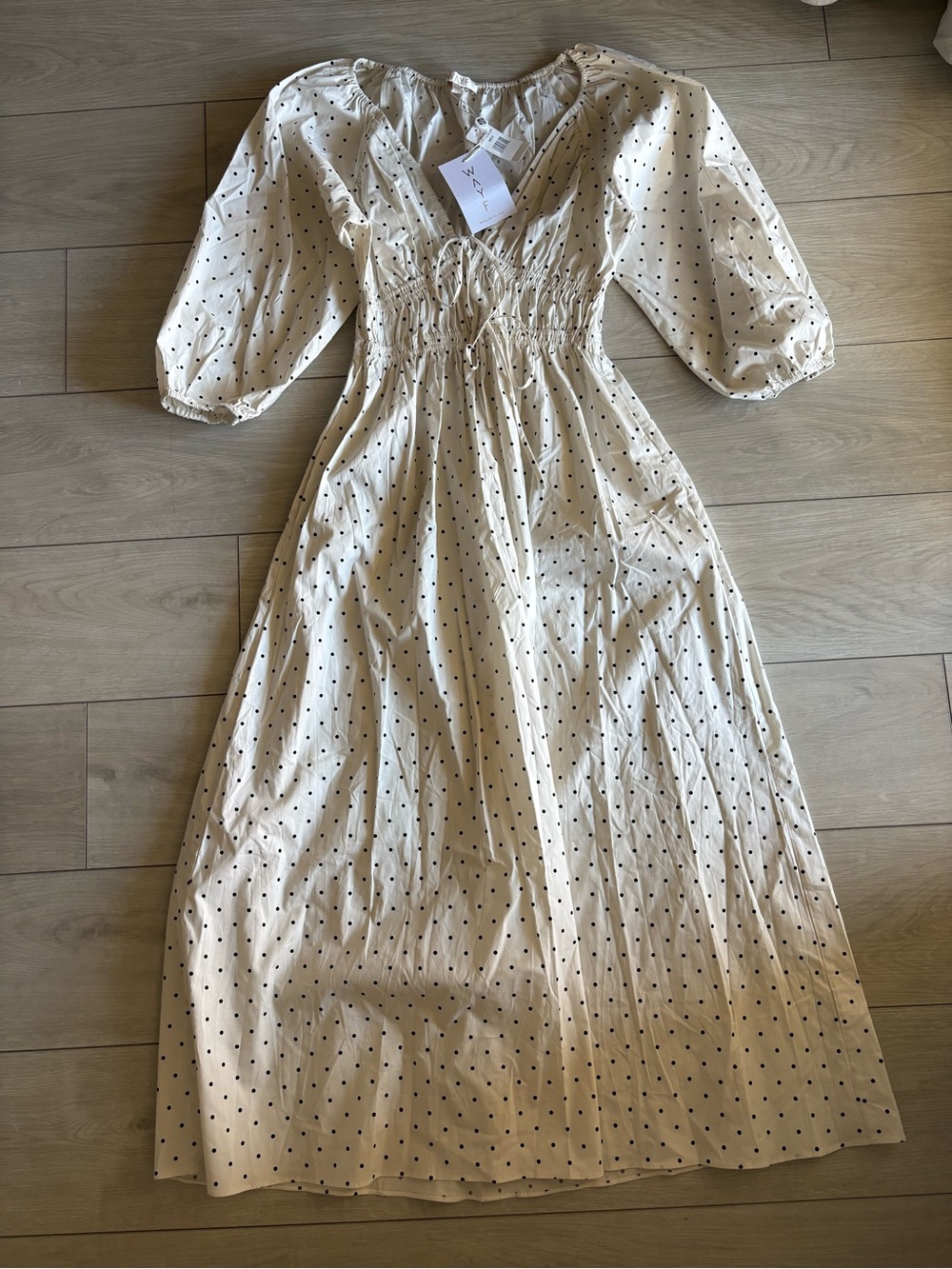 Wayf Cream Maxi Dress with Black Polka Dots